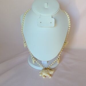 Vintage Celluloid Carved Rose Cream Elephant Pendant Charm Fetish Necklace Lucky